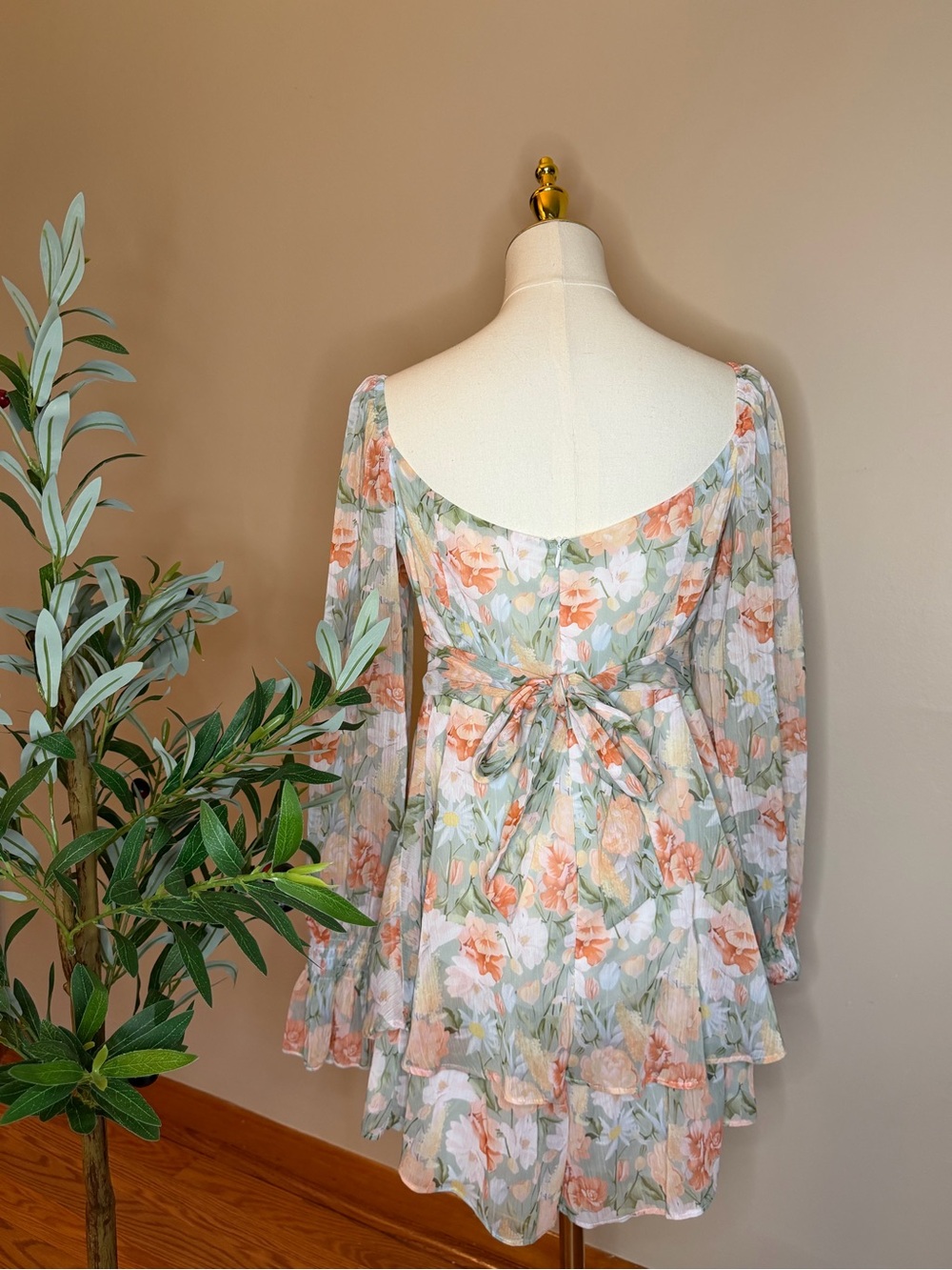 473. Floral Tie-Back Romper in Pastel Peach & Sage - Picture 3 of 3